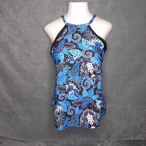 Paisley Print Tankini Top Cross-Back Straps Built-In Bra 2XL UPF50+ Blue